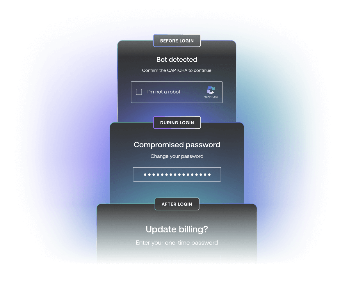 Before, during, and after login product screens reading: “Bot detected”, “Compromised password”, and “Update billing?”