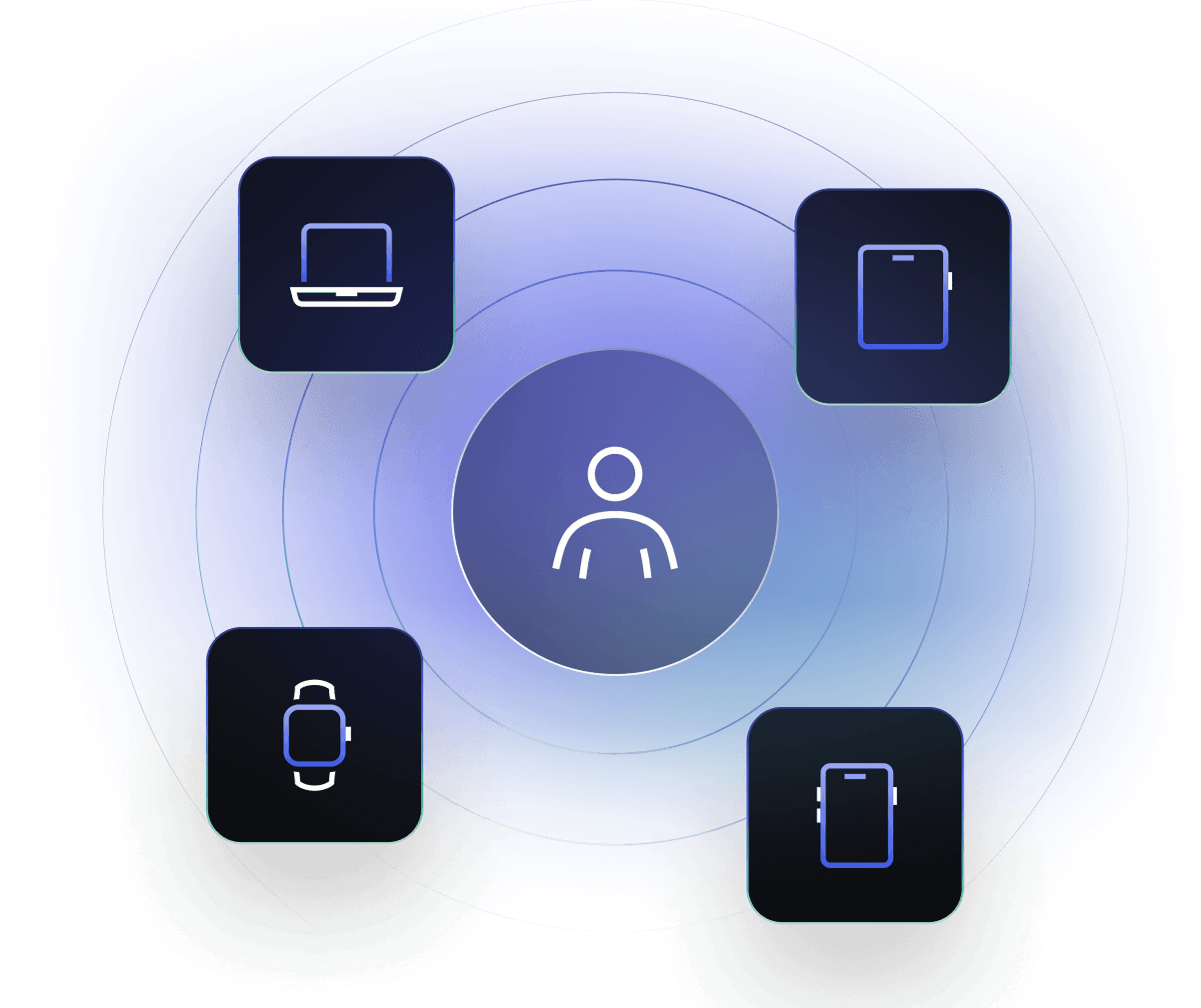A user with encircling smartphone, smartwatch, laptop, and tablet icons
