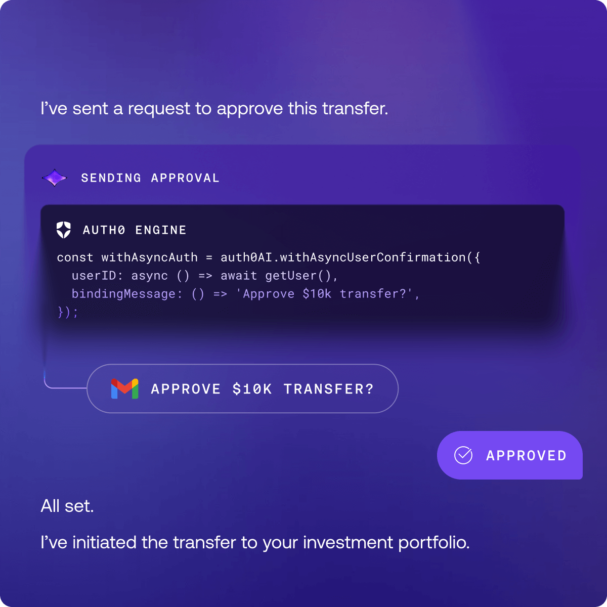 AI agent chat with action approval step and “Show code” toggle and functionality