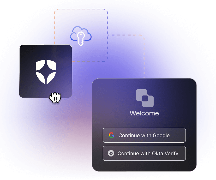 Auth0 logo next to an SSO icon and a connecting line to a login box.