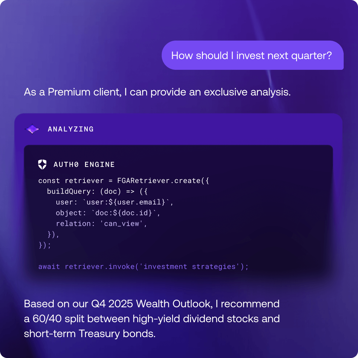 AI agent chat with an Auth0 Engine analysis step and “Show code” toggle and functionality