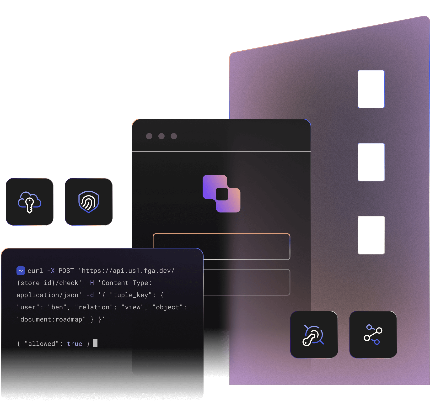 A code snippet, login box, biometrics, and password icons integrated with an abstract building background.