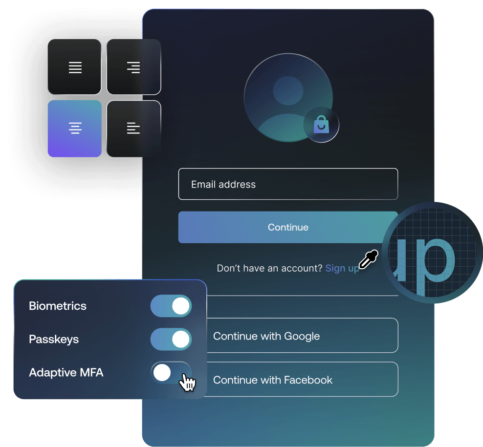 Customizable login box with color picker tool, Biometrics, Passkeys, and Adaptive MFA toggles.